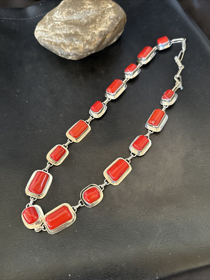 Handmade Women Red Coral Choker Necklace Pendant Sterling Silver 20” 18412