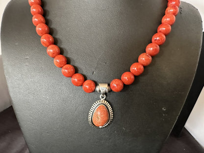 Navajo Apple Sponge Coral Sterling Silver Necklace Pendant 20” 18329