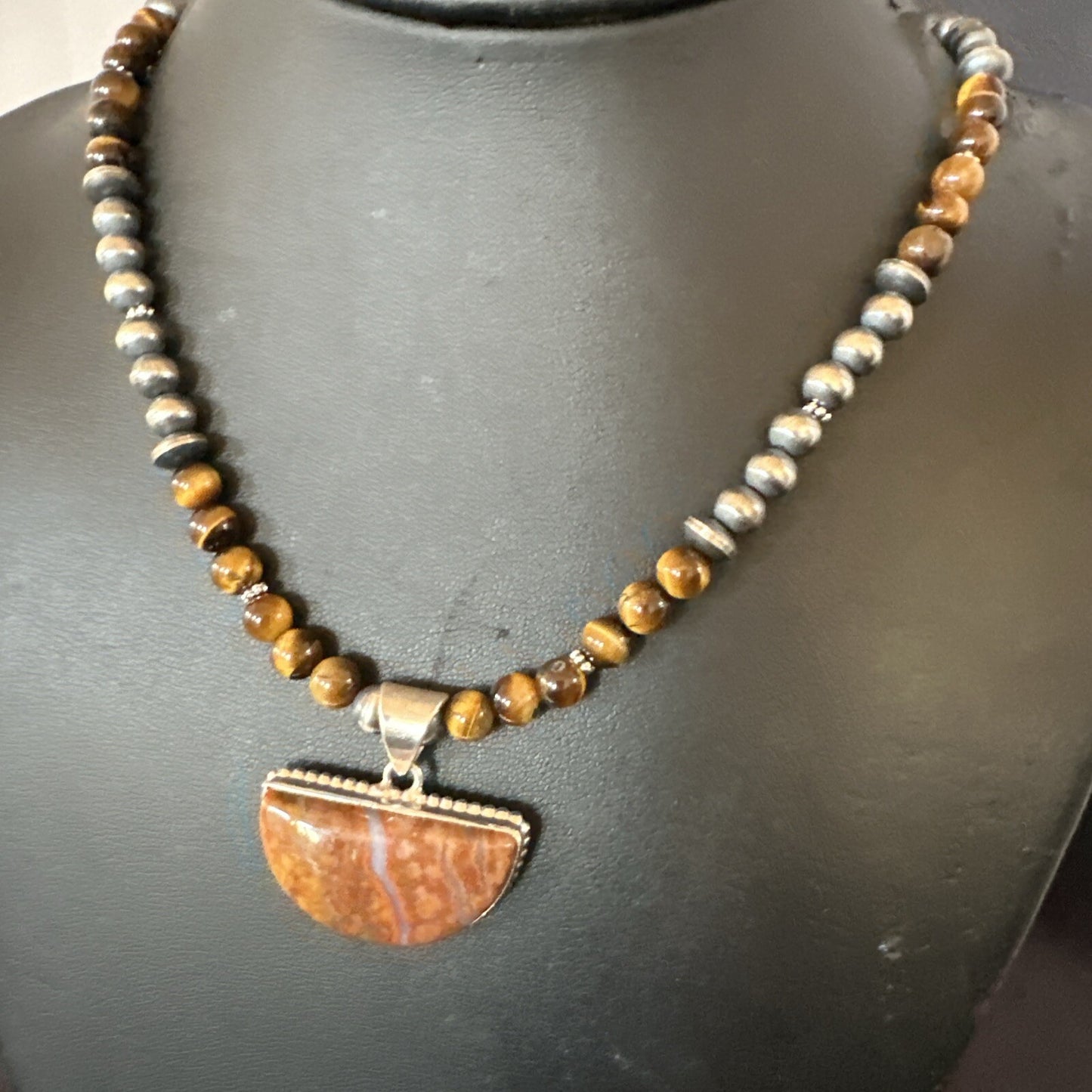 Coffee Tigers Eye Jasper Sterling Silver Pendant Necklace Southwestern 18290