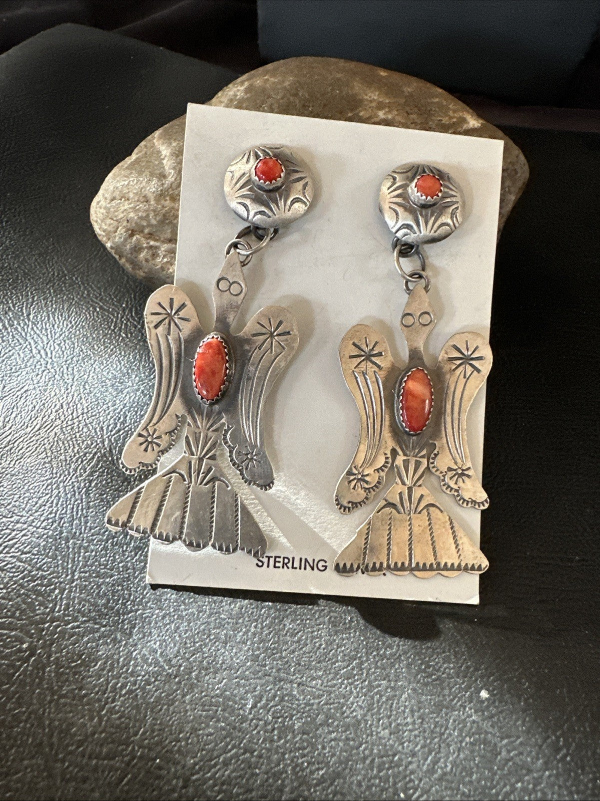 Thunderbird Navajo Womens Stamped Spiny Dangle Earrings Sterling Silver 19787