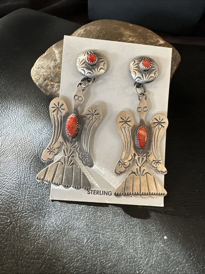 Thunderbird Navajo Womens Stamped Spiny Dangle Earrings Sterling Silver 19787