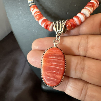 Navajo Pearls Sterling Silver Necklace Red Spiny Oyster Pendant 22" 18265