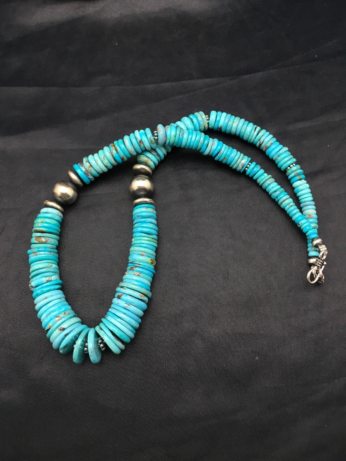 Turquoise Graduated Navajo Sterling Silver Necklace 18" 4046