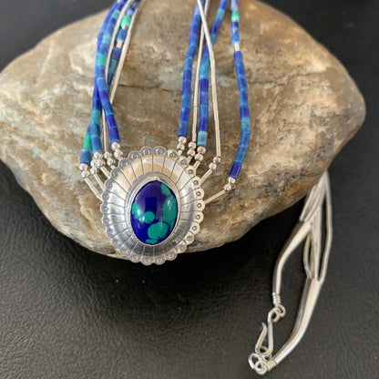 Blue Azurite Pendant Stabilized Heishi 5 Stands Sterling Silver Necklace 10353