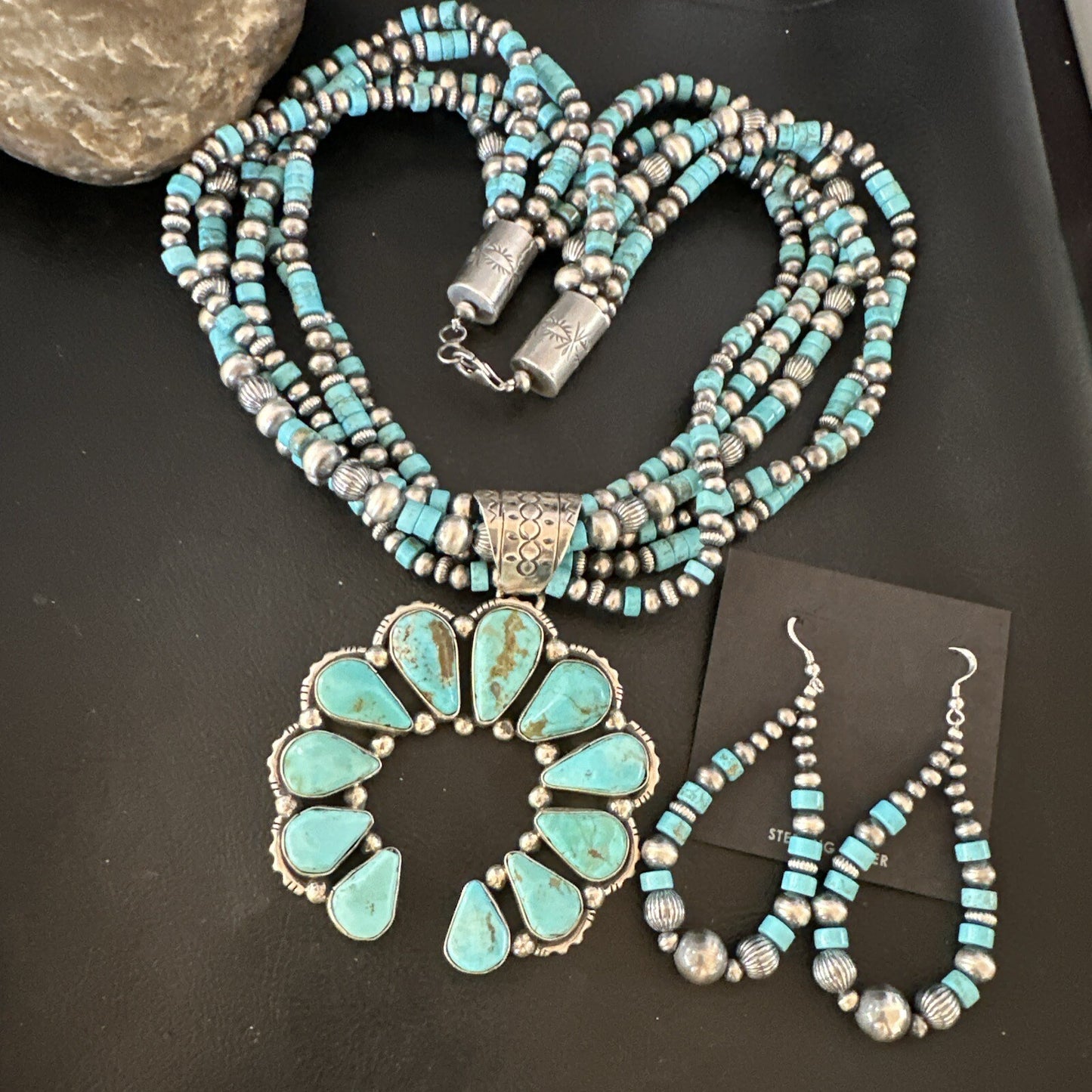 Blue Turquoise Naja Pendant Navajo Sterling Silver Earrings Necklace 21" 16865