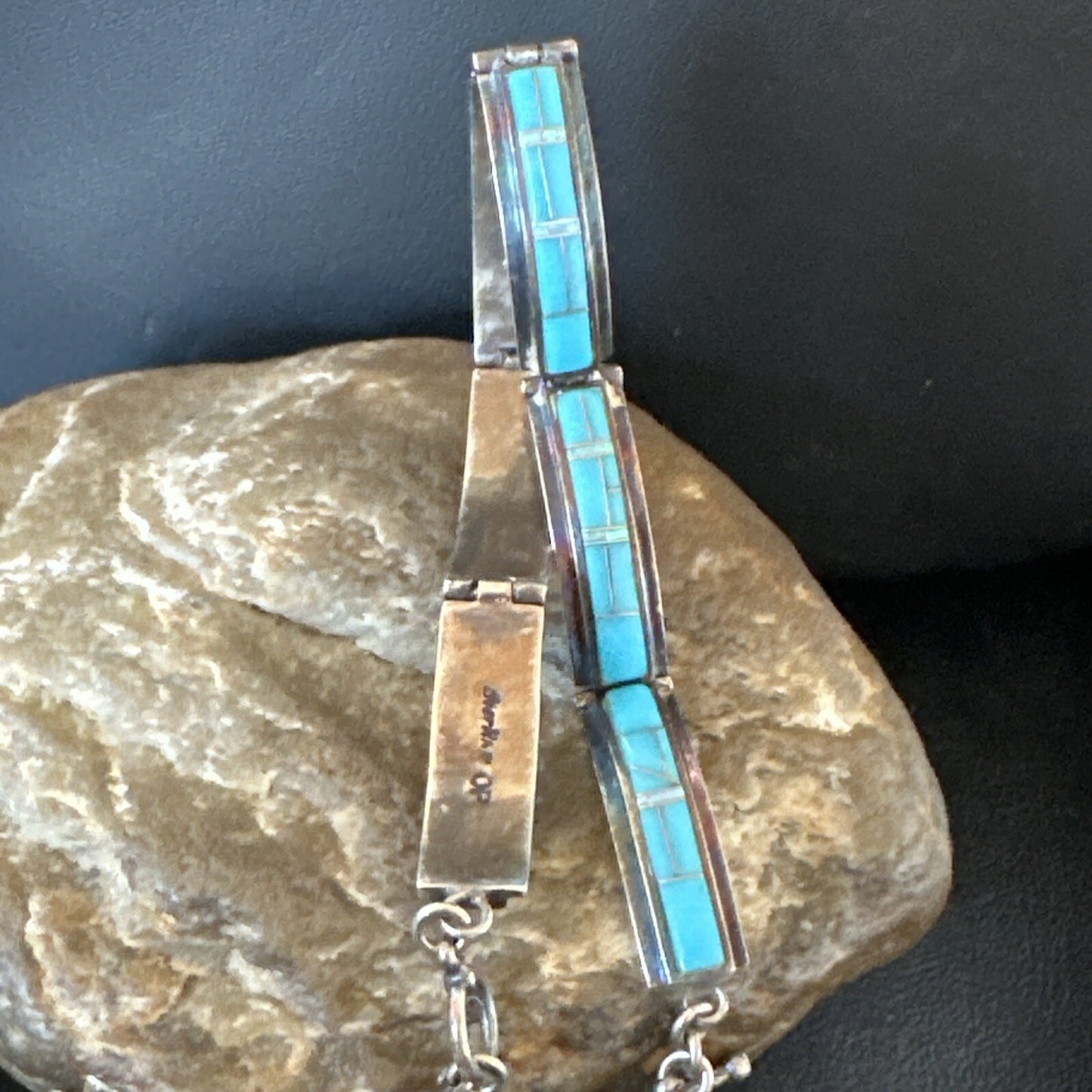 Opal Blue Turquoise Navajo Old Pawn Sterling Silver Inlay Bracelet 7.5" 18126