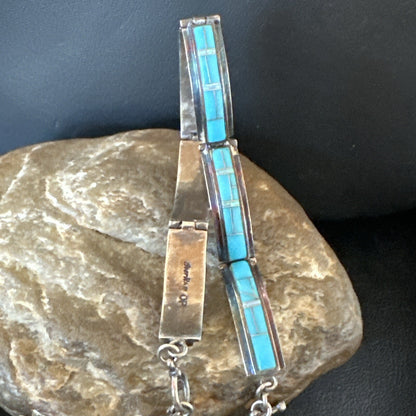 Opal Blue Turquoise Navajo Old Pawn Sterling Silver Inlay Bracelet 7.5" 18126