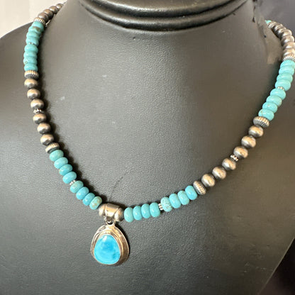 Mens Blue Kingman Turquoise Pendant Navajo Sterling Silver Necklace 21" 18111