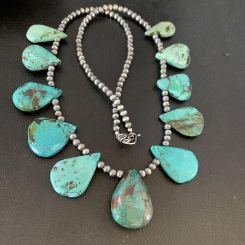 Navajo Pearls Necklace Sterling Silver Blue Turquoise Teardrop 13152