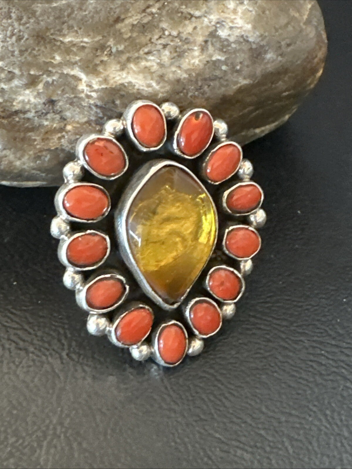 Golden Amber Red Coral Navajo Sterling Silver Cluster Ring Size 6 18563