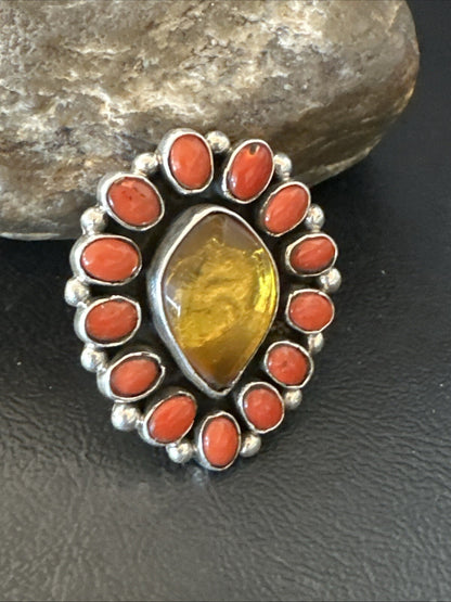 Golden Amber Red Coral Navajo Sterling Silver Cluster Ring Size 6 18563