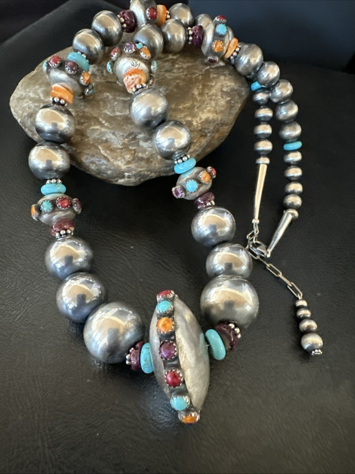 Multicolor Spiny Navajo Pearls Turquoise Sterling Silver Necklace 23” 19447