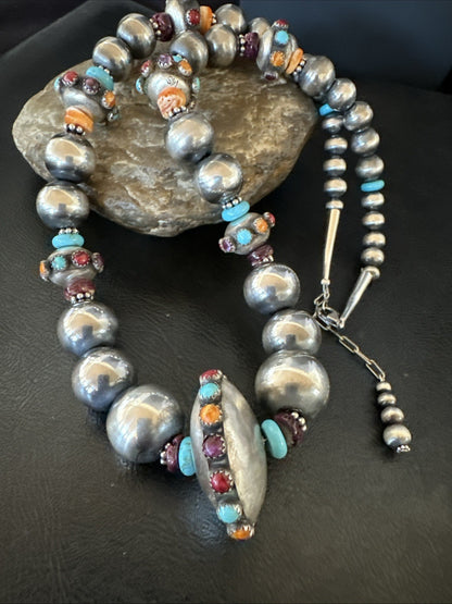 Multicolor Spiny Navajo Pearls Turquoise Sterling Silver Necklace 23” 19447