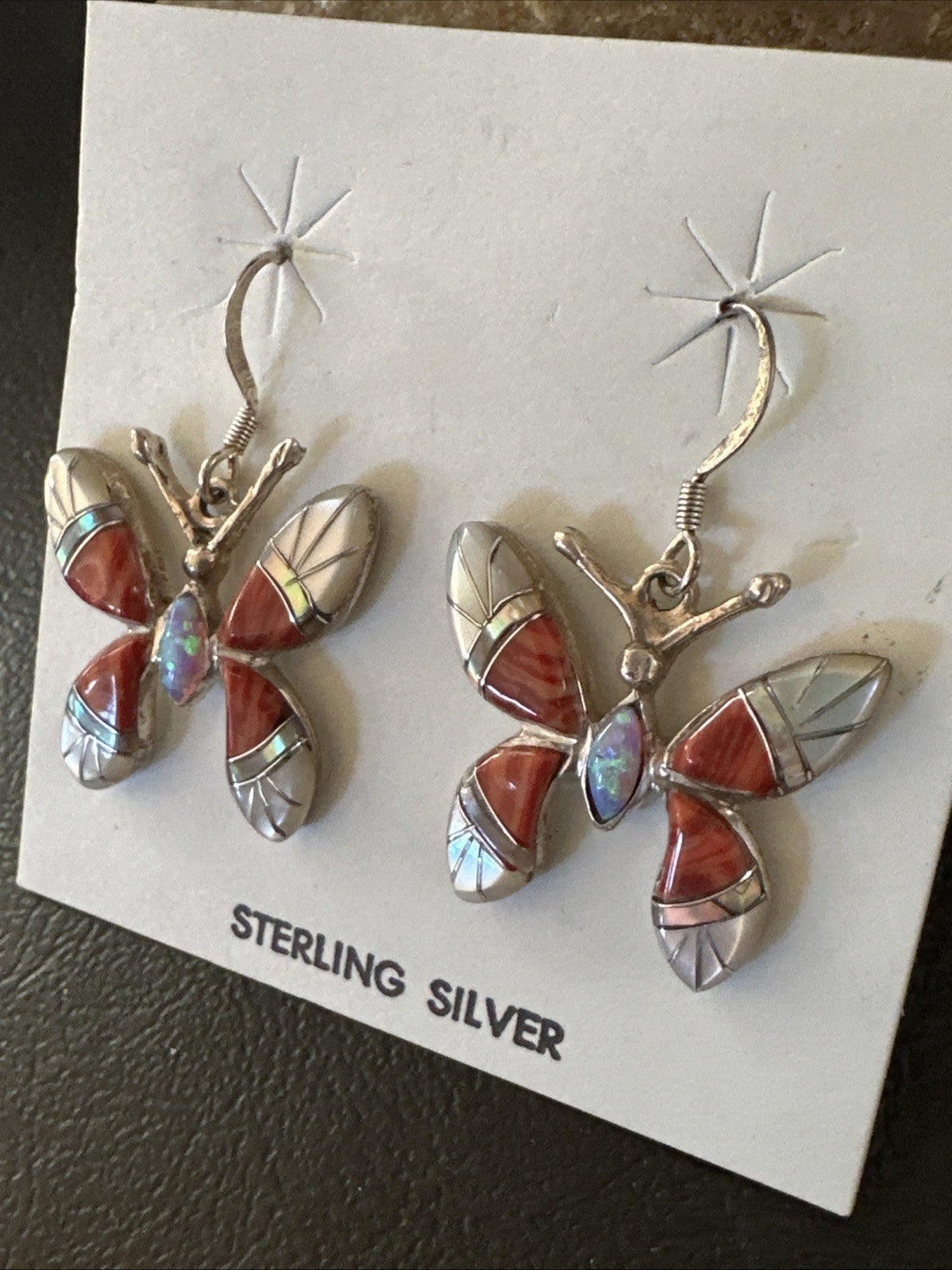 Butterfly Multicolor Red Spiny MOP Inlay Sterling Silver Earrings 19817