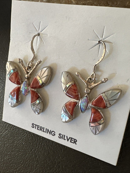 Butterfly Multicolor Red Spiny MOP Inlay Sterling Silver Earrings 19817