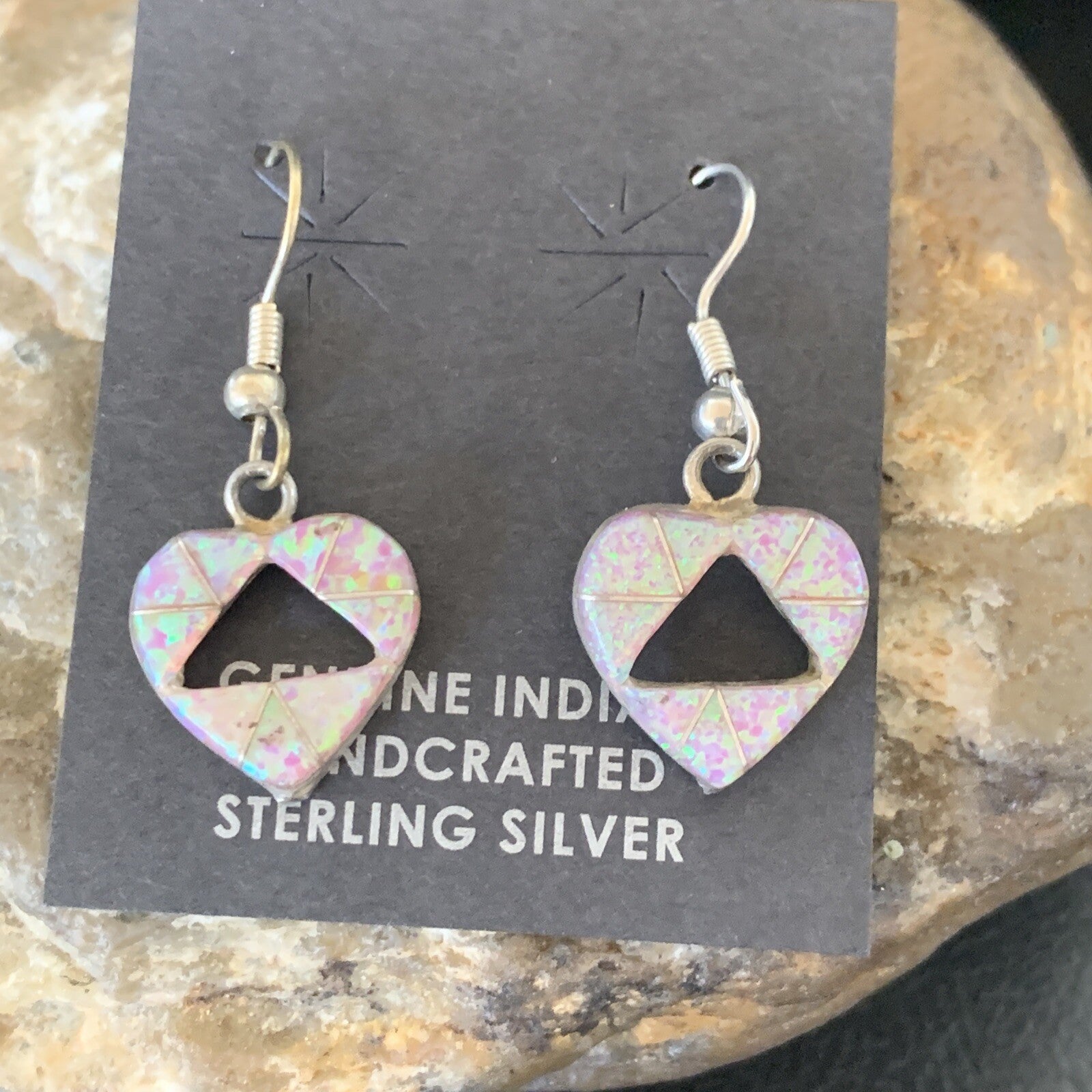 Womens Pink Opal Heart Inlay Navajo Sterling Silver Dangle Drop Earrings 12763