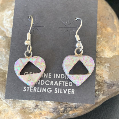 Womens Pink Opal Heart Inlay Navajo Sterling Silver Dangle Drop Earrings 12763