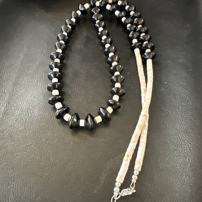 Sterling NAVAJO Black Onyx Pink Shell Silver Necklace 34” 19578