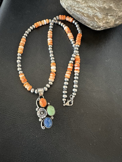 Orange Spiny Oyster Navajo Pearls Sterling Silver Necklace Pendant 19379