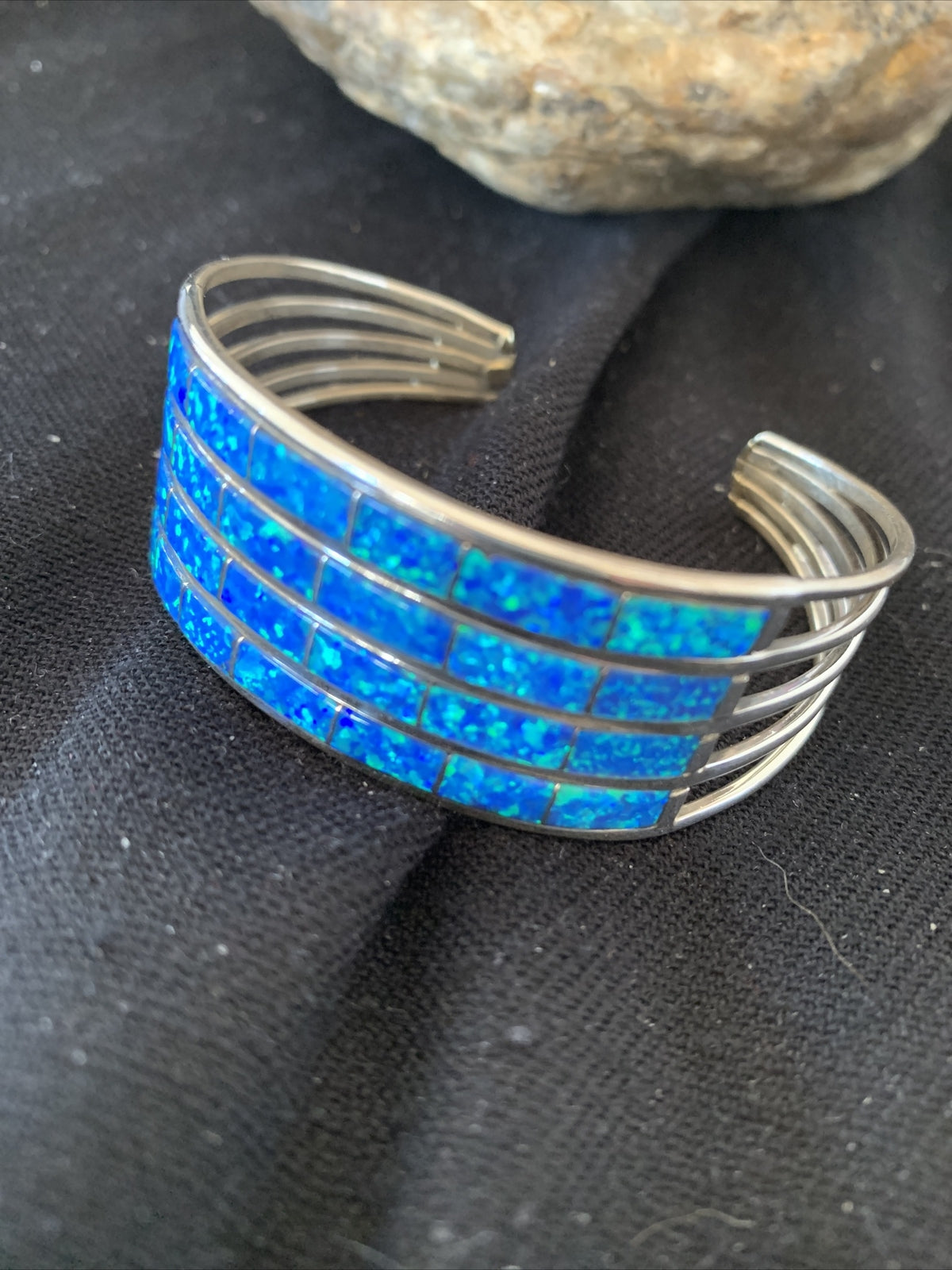 Blue Faux Opal Southwestern Zuni Sterling Silver Cuff Inlay Bracelet 01028