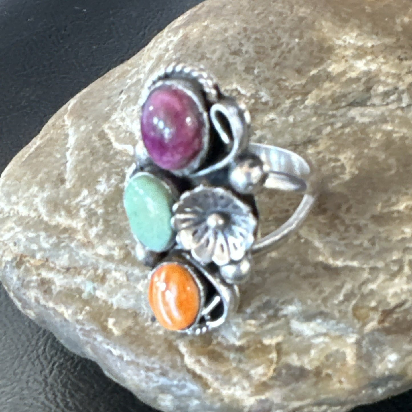 Multicolor Ring Turquoise Spiny Navajo Sterling Silver Cluster Size 9 19173