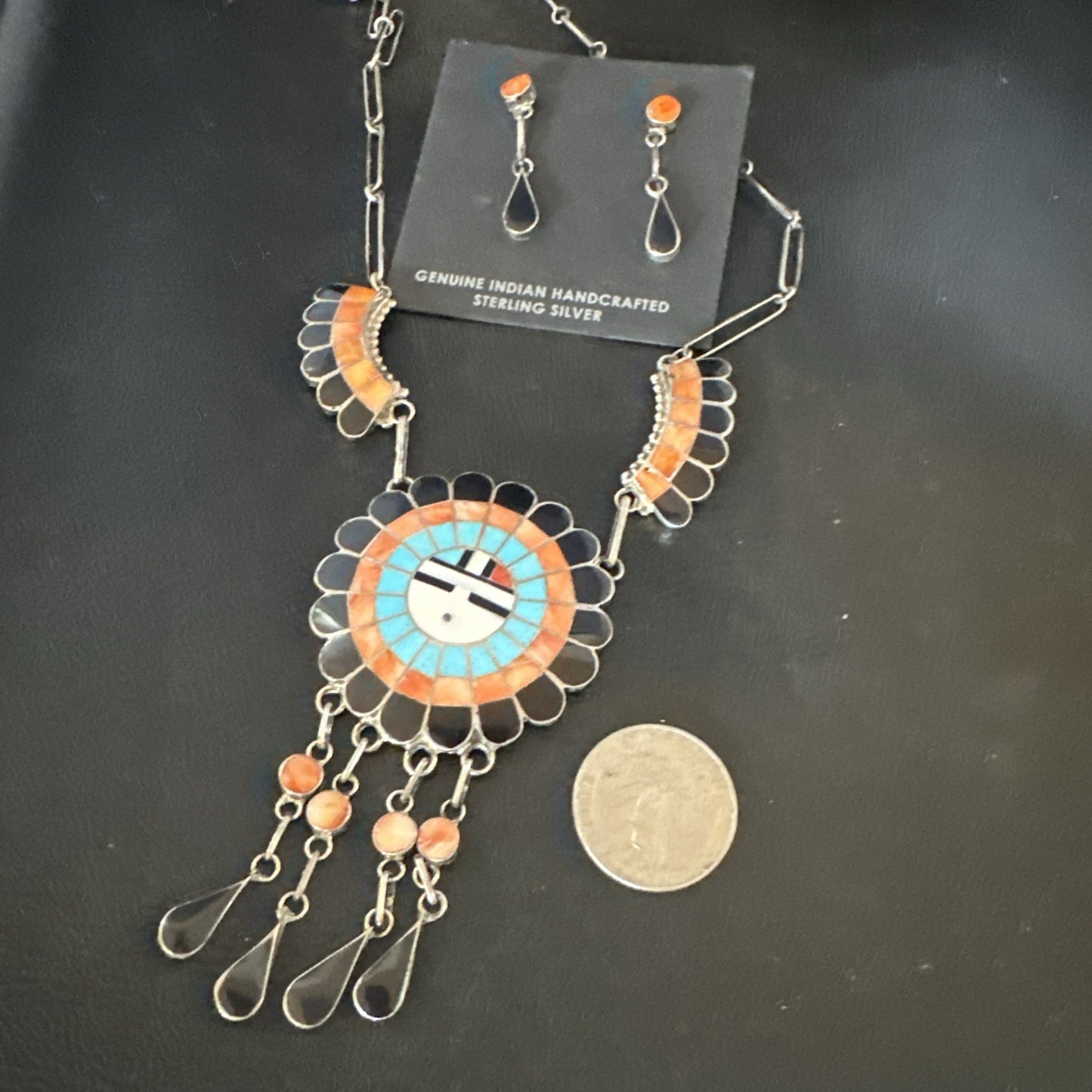 Sunface Spiny Onyx Turquoise Zuni Sterling Silver Necklace 19" Earrings 19114