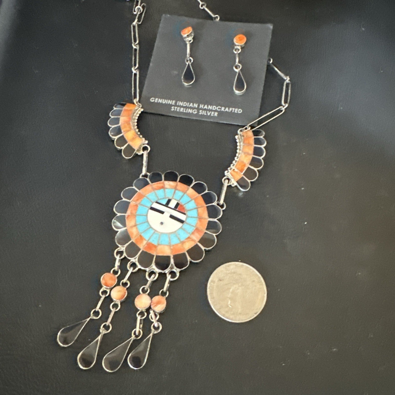 Sunface Spiny Onyx Turquoise Zuni Sterling Silver Necklace 19" Earrings 19114