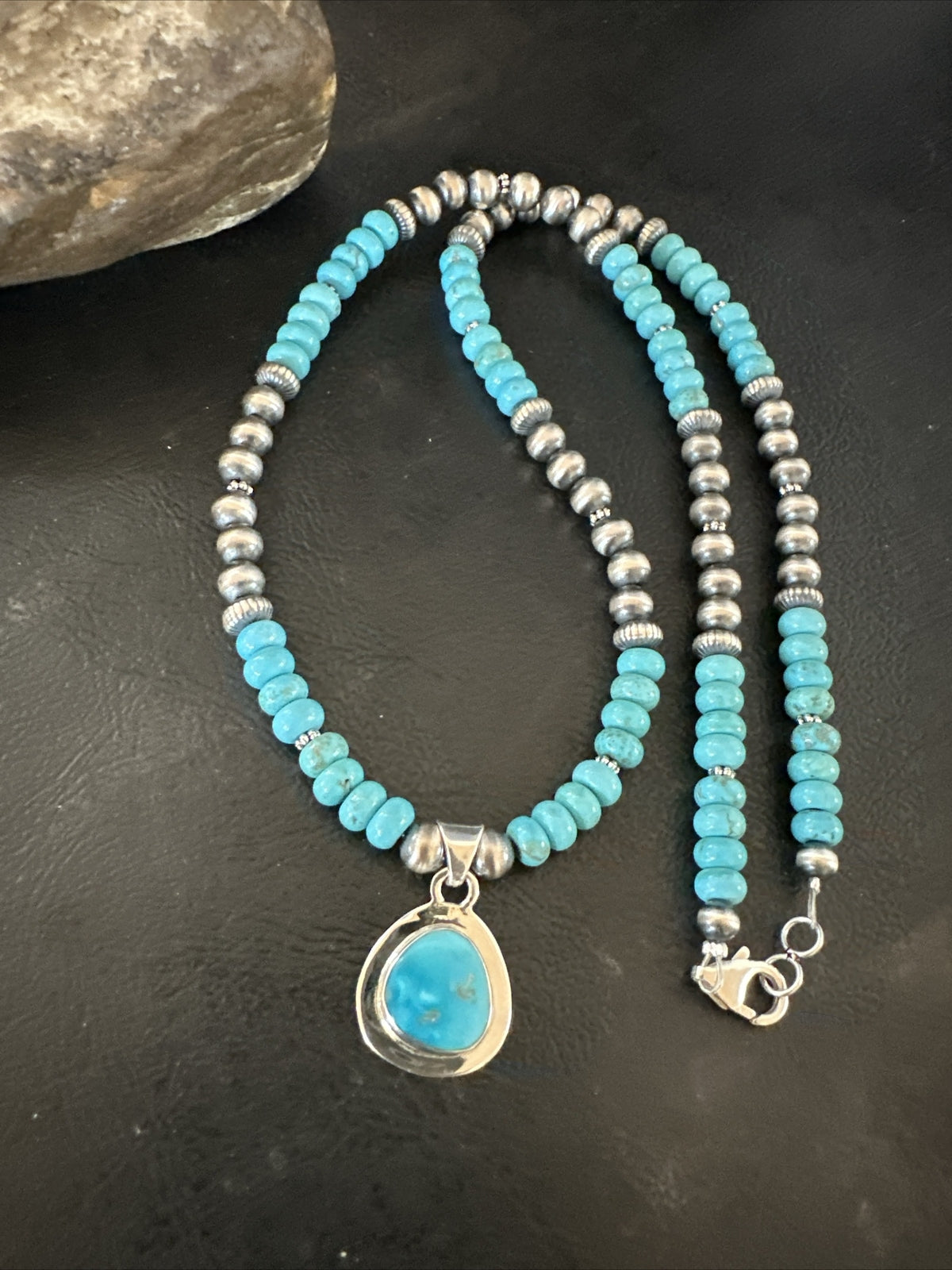 Mens Blue Kingman Turquoise Pendant Navajo Sterling Silver Necklace 21" 17901