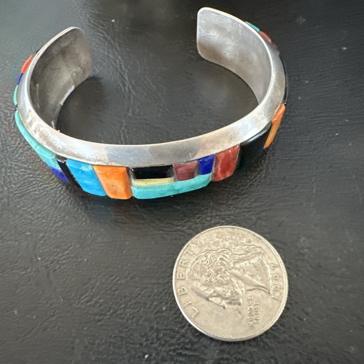 Mens Navajo Black Onyx Coral Turquoise Sterling Silver Cuff Bracelet Inlay 19501