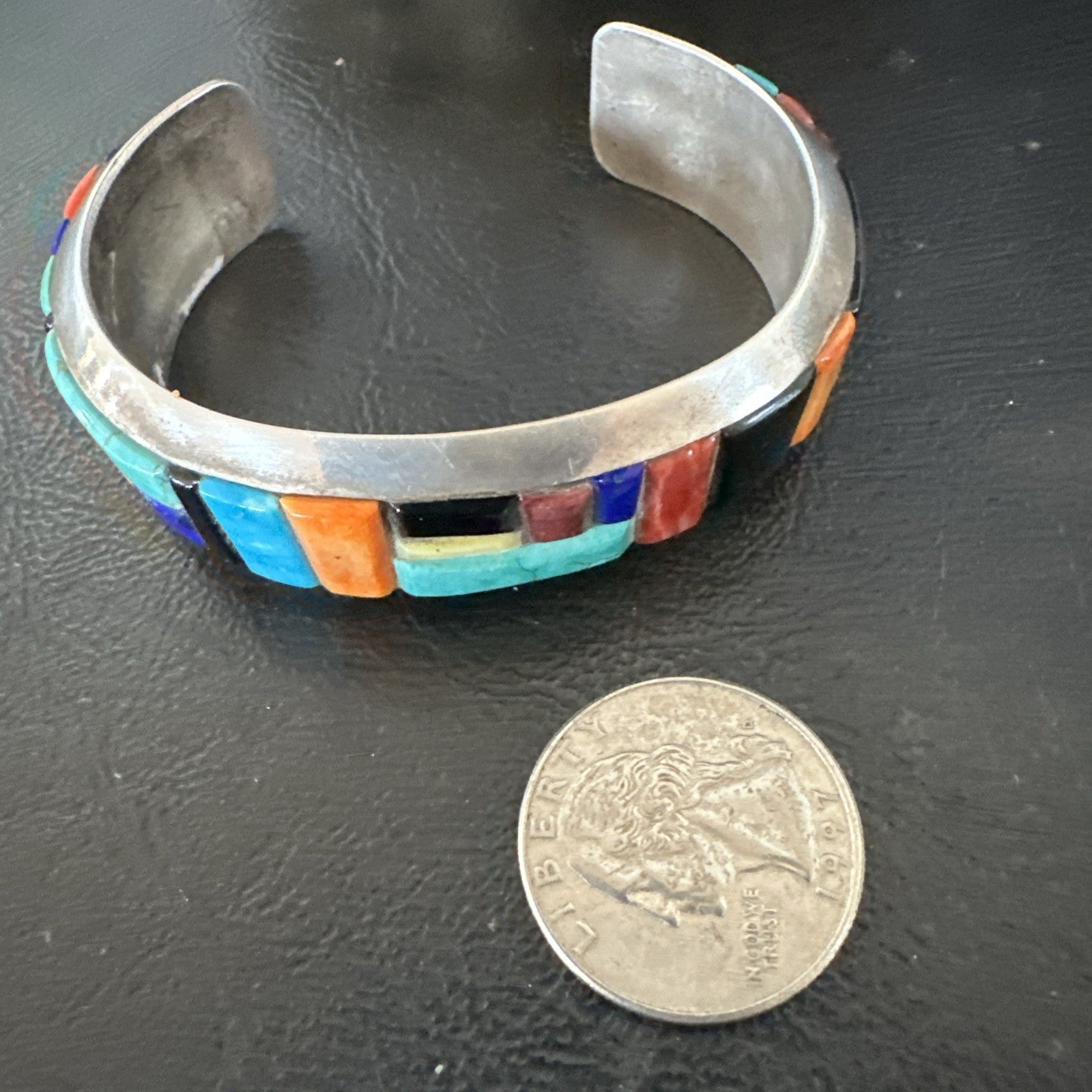 Mens Navajo Black Onyx Coral Turquoise Sterling Silver Cuff Bracelet Inlay 19501