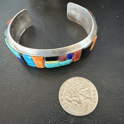 Mens Navajo Black Onyx Coral Turquoise Sterling Silver Cuff Bracelet Inlay 19501