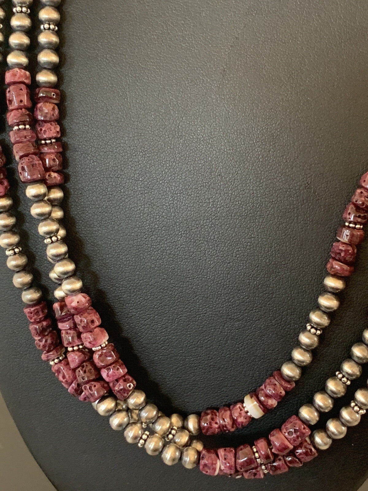 Native Navajo Sterling Silver 3 Strand Purple Spiny Oyster Necklace 22” 10115