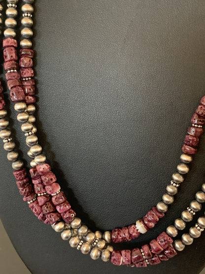 Native Navajo Sterling Silver 3 Strand Purple Spiny Oyster Necklace 22” 10115