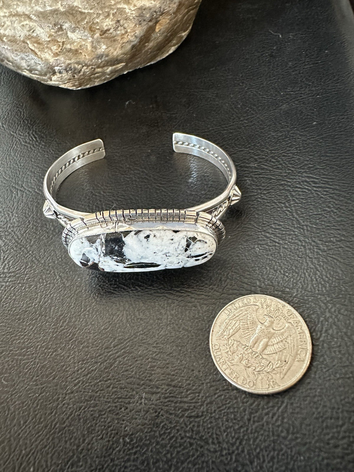 White Buffalo Turquoise Navajo Sterling Silver Cuff Bracelet 7" 19382