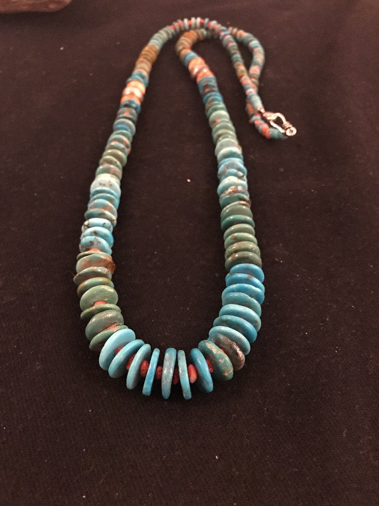 Kingman Turquoise Navajo Sterling Silver Spiny Necklace 32” 3684