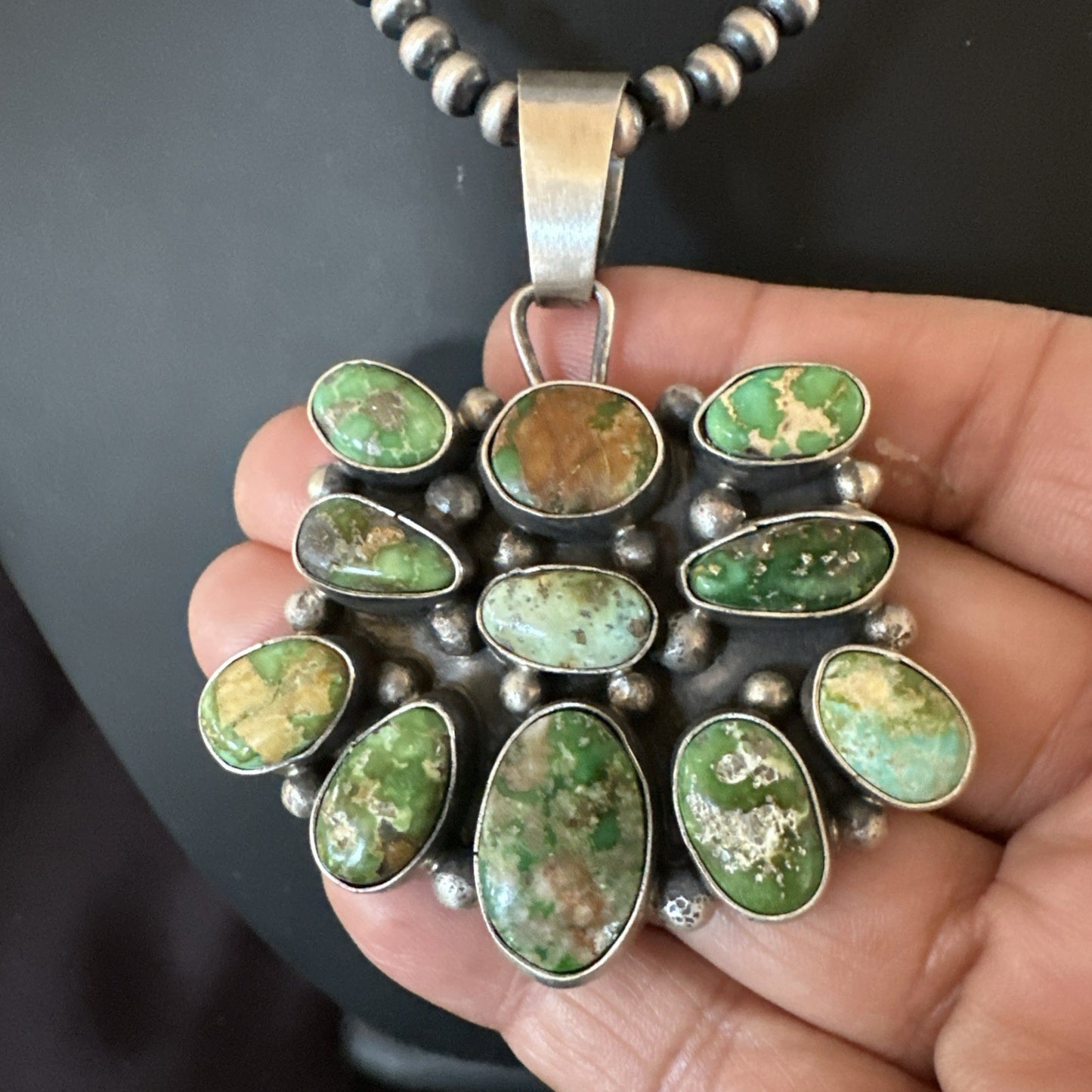 Green Sonoran Gold Turquoise Navajo Sterling Silver Cluster Pendant 19300