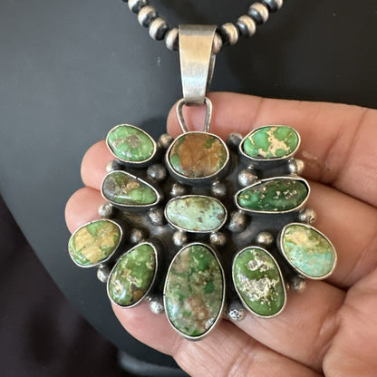 Green Sonoran Gold Turquoise Navajo Sterling Silver Cluster Pendant 19300