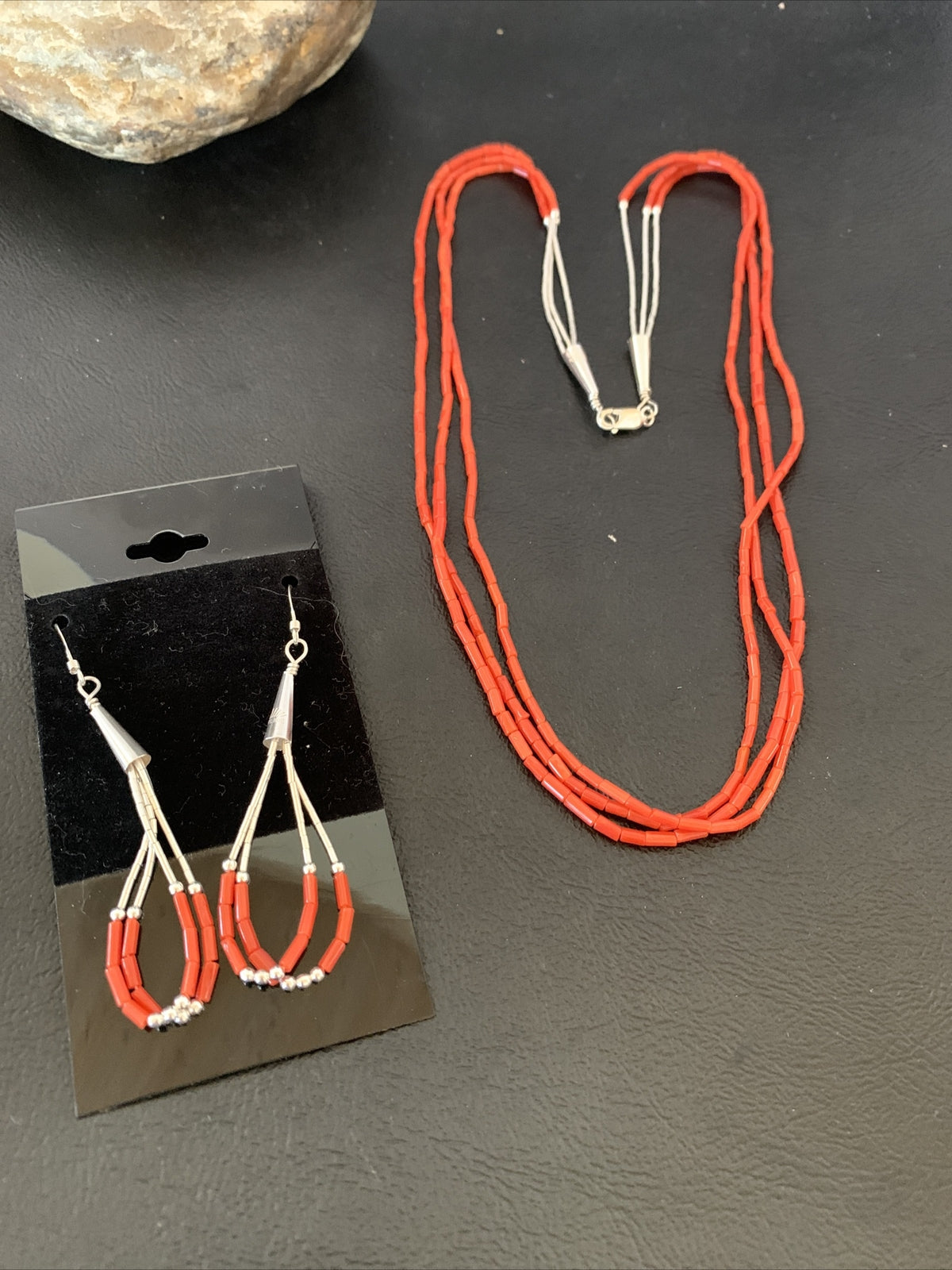 Natural Red Coral Heishi 3 Strands Sterling Silver Earrings & Necklace 20" 01218
