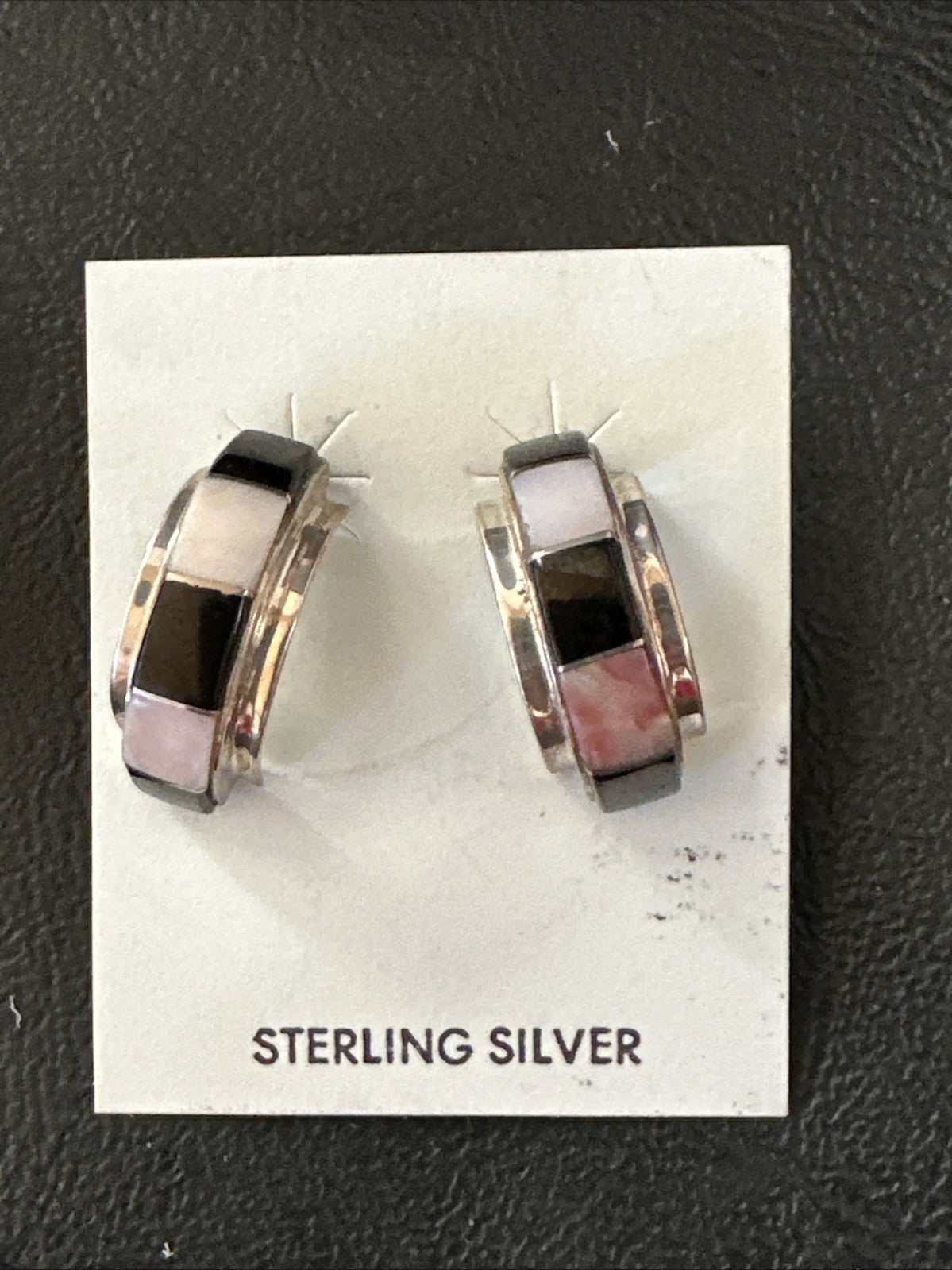 Pink Queen Conch Black Onyx Sterling Silver Post  Inlay Hoop Earrings 19819