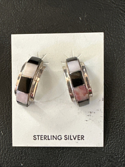 Pink Queen Conch Black Onyx Sterling Silver Post  Inlay Hoop Earrings 19819