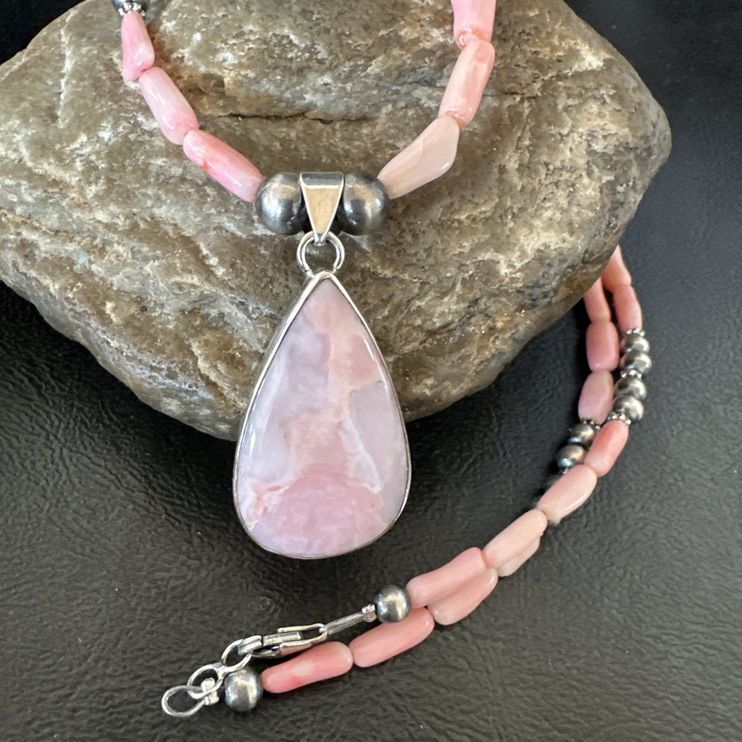 Southwestern Sterling Silver Pink Coral Bead Necklace Quartz Pendant 24" 19587