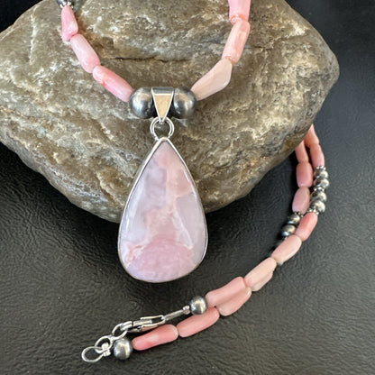 Southwestern Sterling Silver Pink Coral Bead Necklace Quartz Pendant 24" 19587