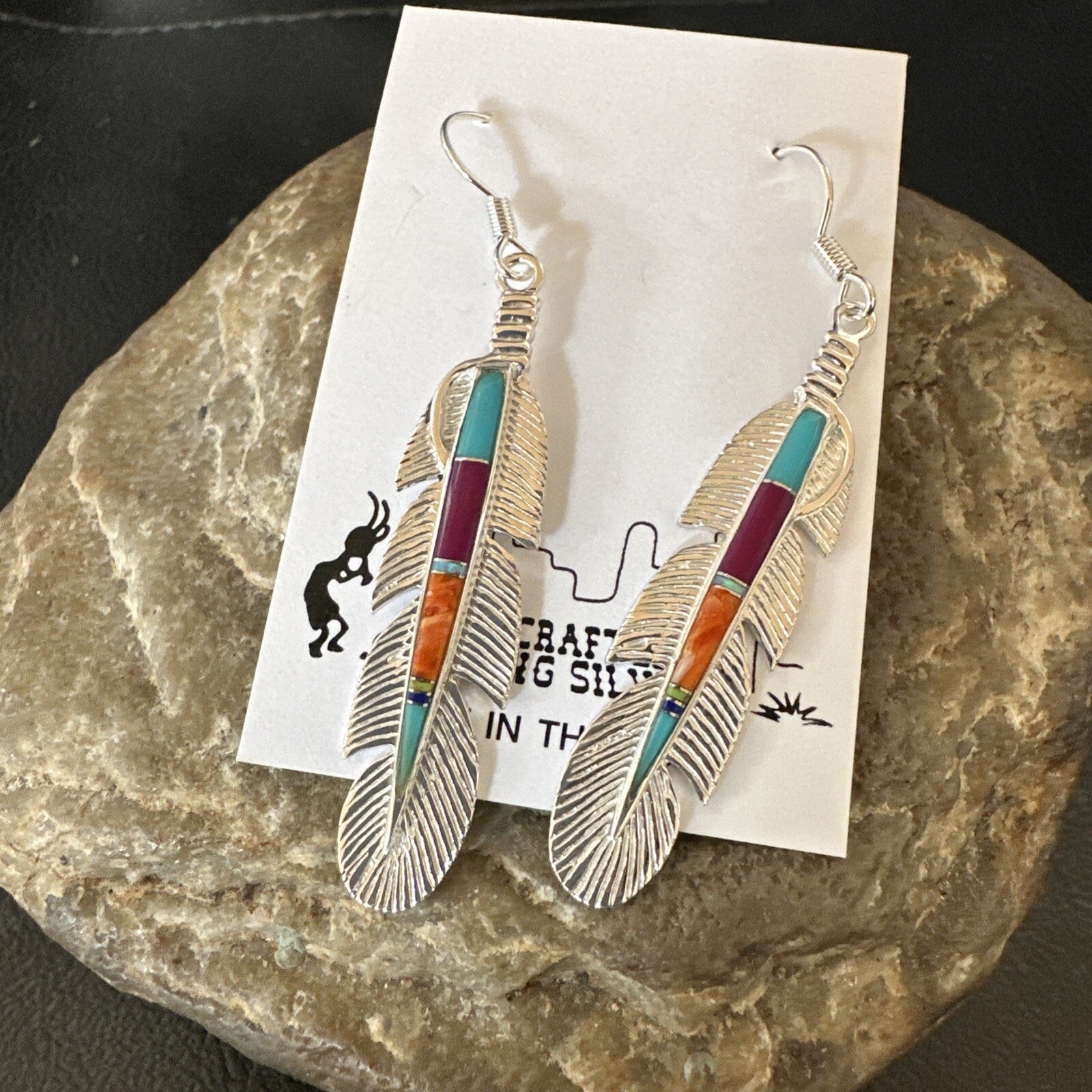 Multicolor Turquoise Sterling Silver Handmade Inlay Feather Earrings 18698
