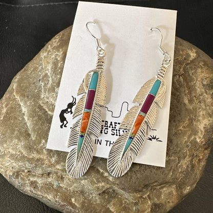 Multicolor Turquoise Sterling Silver Handmade Inlay Feather Earrings 18698