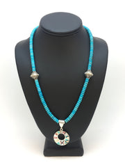 Blue Turquoise Mother Of Pearl Inlay Pendant Necklace | Sterling Silver | Authentic Native American Handmade | 08902