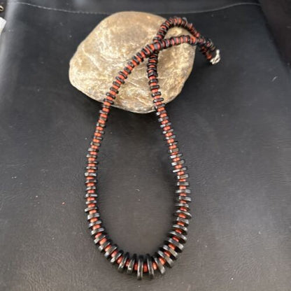 Navajo Bamboo Coral Black Onyx Necklace Sterling Silver 20" 14432