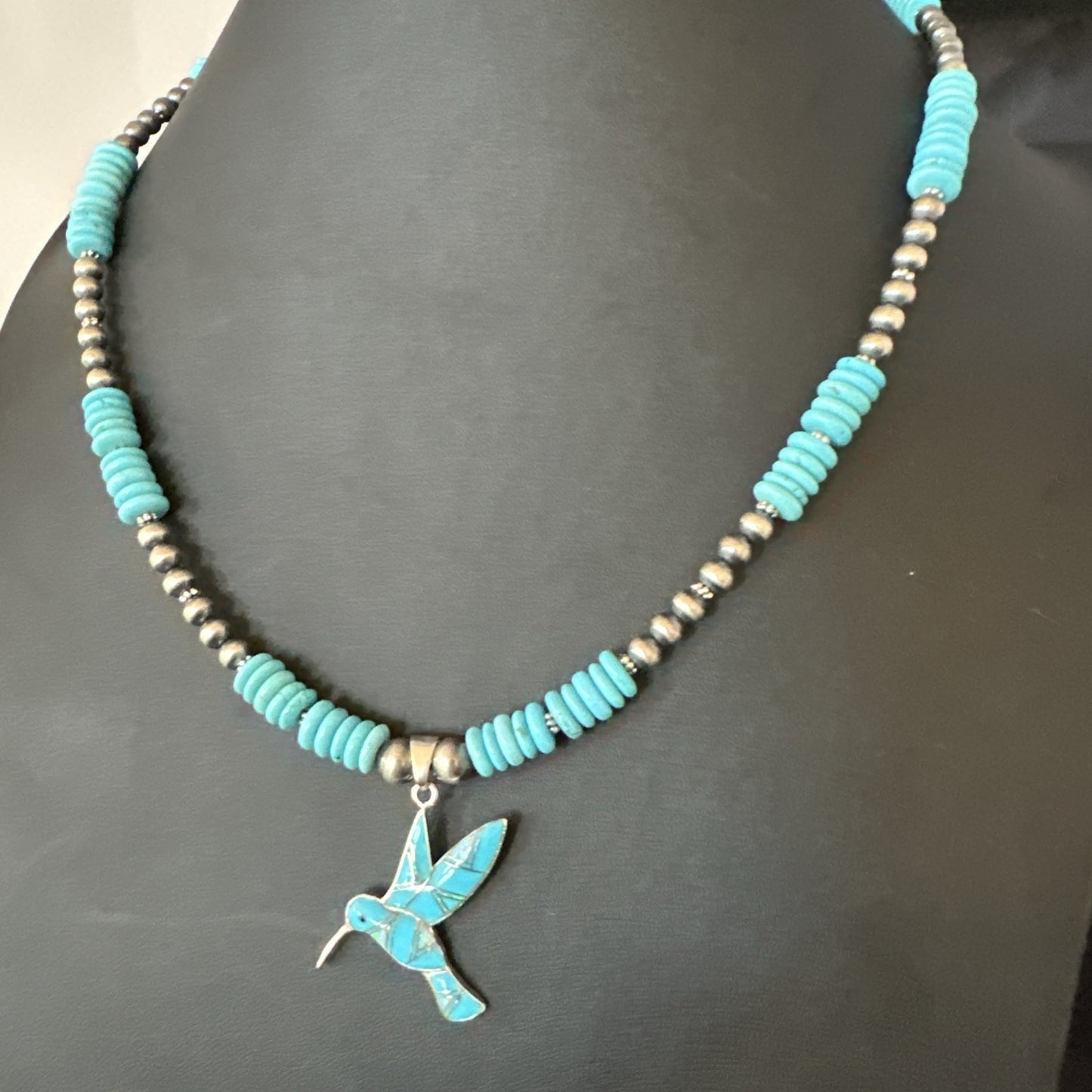 Blue Turquoise Opal HummingBird Inlay Pendant Navajo Sterling Necklace 19500
