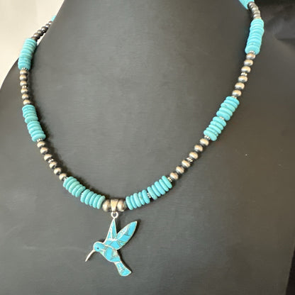Blue Turquoise Opal HummingBird Inlay Pendant Navajo Sterling Necklace 19500