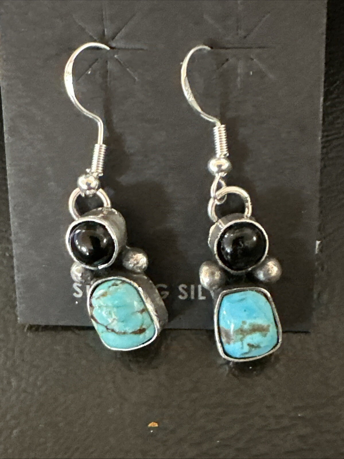 Handmade Kingman Turquoise Onyx Navajo Sterling Silver Dangle Earrings 18847