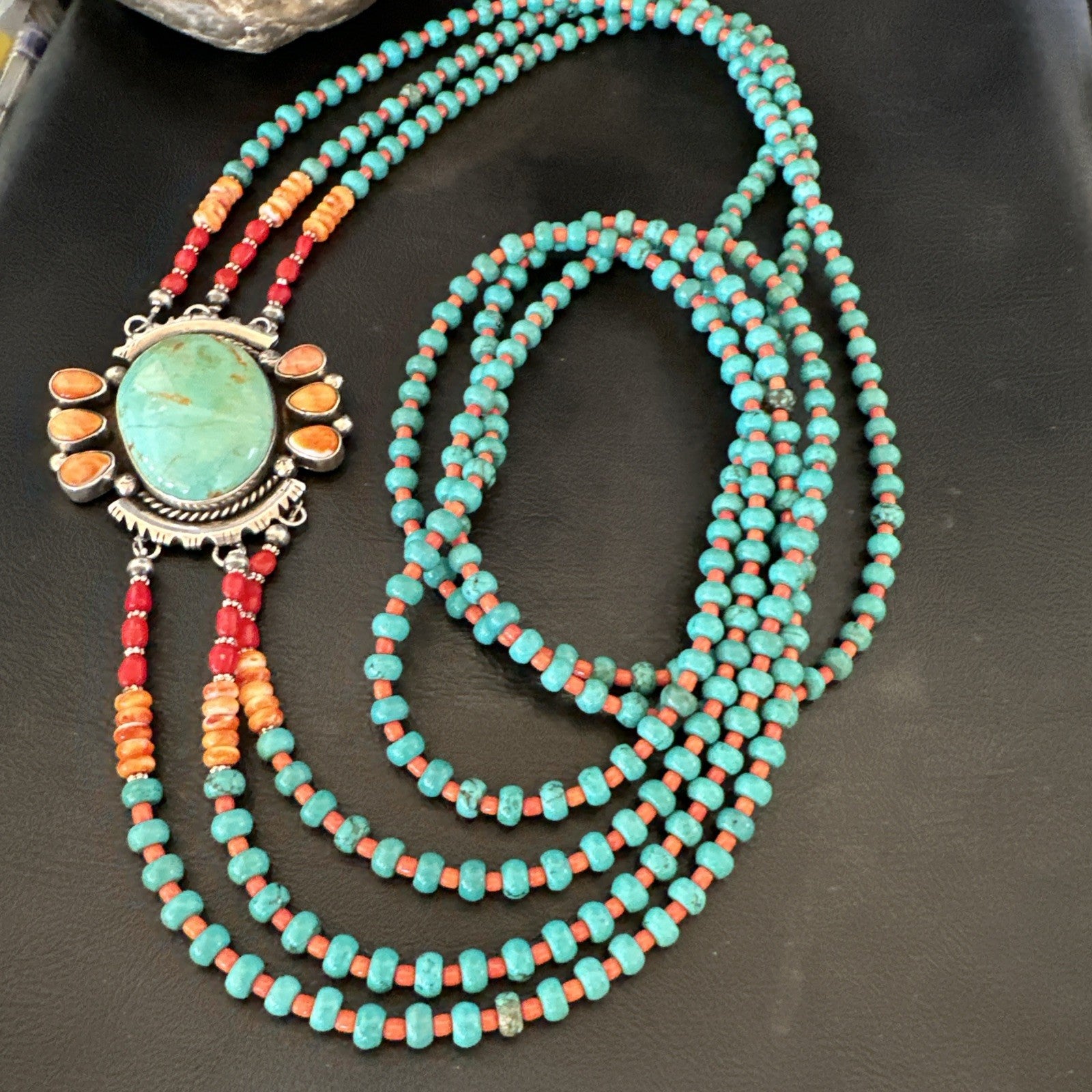 XL Statement Green Turquoise Spiny Navajo 3S Sterling Silver Necklace 34” 19675